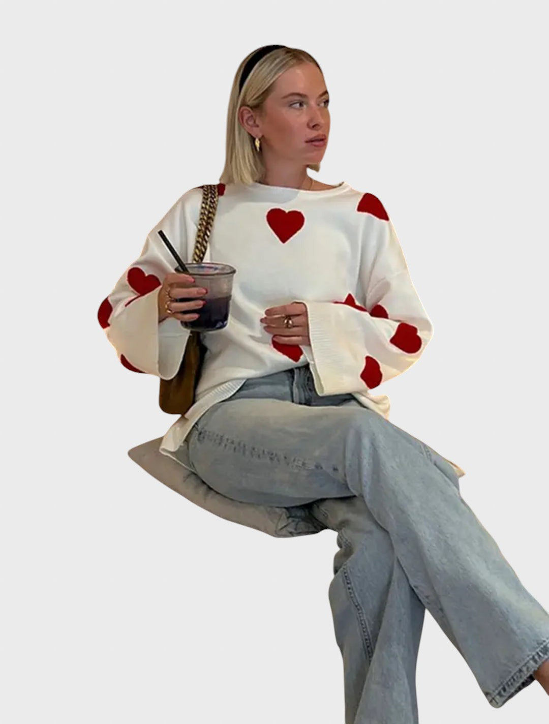 Светослава™ - Плетен пуловер с романтични бродирани сърца
