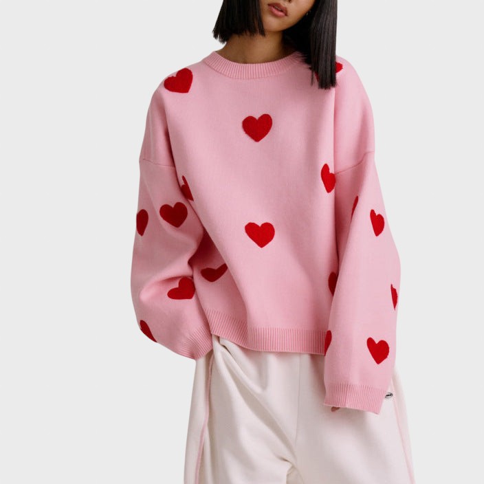 Светослава™ - Плетен пуловер с романтични бродирани сърца