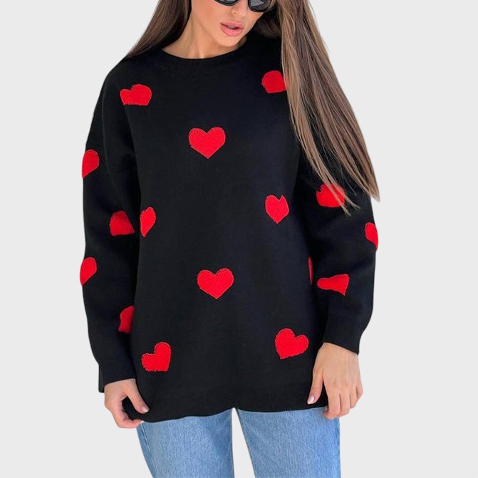 Светослава™ - Плетен пуловер с романтични бродирани сърца